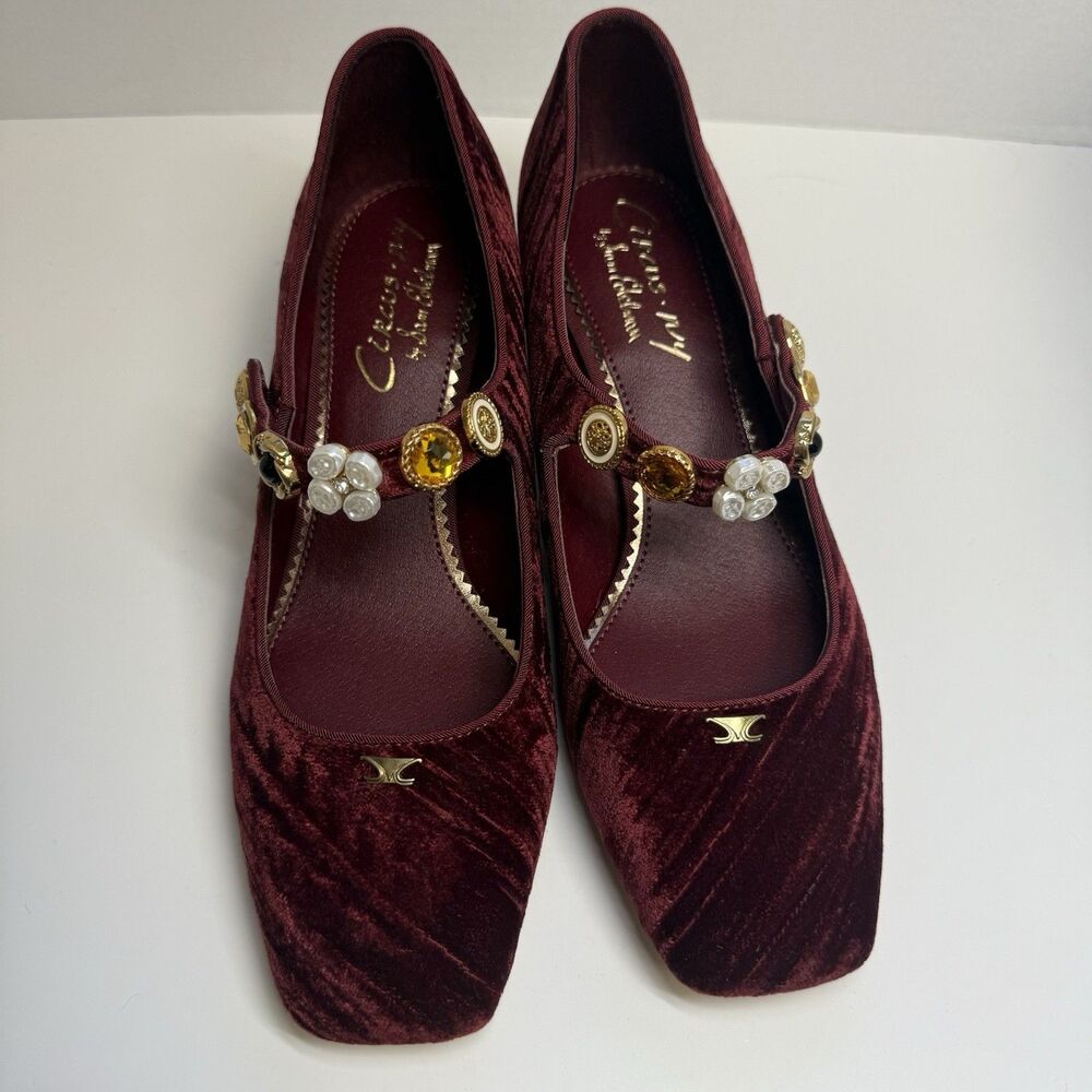Mary Jane Deep Red Velvet Heels - Picture 2 of 10